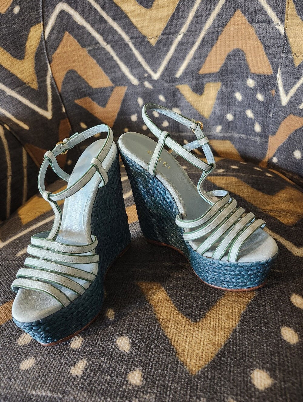 Sale✨ GUCCI Rare Vtg Y2K Teal Raffia Espadrille Platform Wedges 34.5 Near Mint - Picture 3 of 9